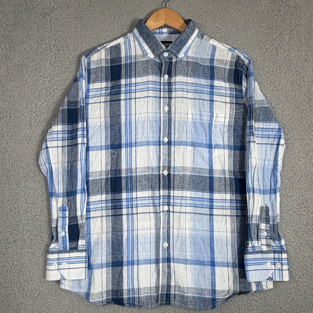 Under 5'10 Button Down Men M Blue Plaid Linen Blend Long Sleeve Shirt Casual